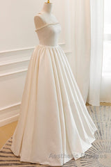 Thin Straps Open Back Ivory Satin Long Evening Prom Dresses with Pearls, Long Ivory Formal Graduation Evening Dresses