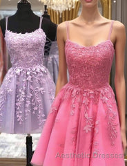 Thin Straps Short Purple Pink Lace Evening Prom Dresses, Short Purple Pink Lace Graduation Homecoming Dresses