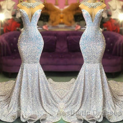 Trumpet Mermaid Beading Sequin White Evening Prom Dresses
