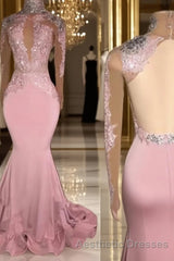 Trumpet/Mermaid High Neck Sweep Train Jersey Evening Prom Dresses With Appliques Lace