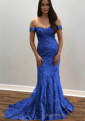 Trumpet/Mermaid Off-the-Shoulder Court Train Tulle Prom Dresses With Lace Appliqued