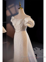Trumpet Mermaid Puffy Sleeves  Wedding Dresses With Detachable Train