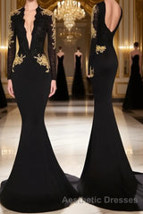 Trumpet/Mermaid V-neck Chapel Train Jersey Evening Prom Dresses With Appliques Lace
