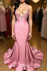 Trumpet/Mermaid V-neck Sweep Train Charmeuse Evening Prom Dresses With Appliques Lace