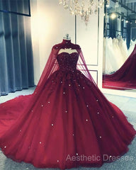 Tulle Ball Gown Wedding Dresses, With Cape Evening Prom Dresses, Evening Dresses