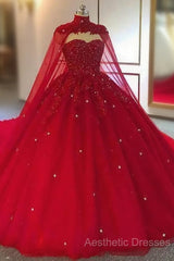 Tulle Ball Gown Wedding Dresses, With Cape Evening Prom Dresses, Evening Dresses