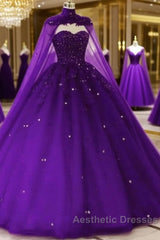 Tulle Dark Purple Quince Dresses Ball Gown Wedding Dresses With Cape