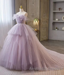 Tulle Floral Ball Gown Princess Lavender Evening Prom Dresses