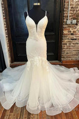 Tulle Floral Lace Trumpet Long Wedding Dresses