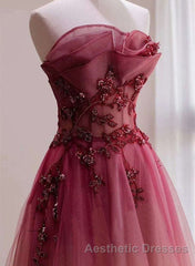 Tulle Gradient with Beaded Long Party Dresses, A-line Gradient Evening Prom Dresses