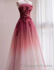 Tulle Gradient with Beaded Long Party Dresses, A-line Gradient Evening Prom Dresses