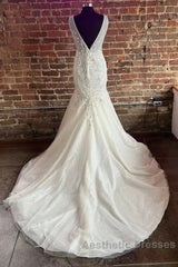 Tulle Lace Plunge V Long Wedding Dresses