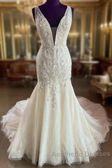 Tulle Lace Plunge V Long Wedding Dresses