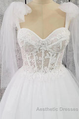 Tulle Sweetheart Lace-Up A-Line Long Wedding Dresses