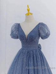 Tulle V Neck Short Sleeve Blue Sparkle Evening Prom Dresses With Bow