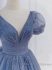 Tulle V Neck Short Sleeve Blue Sparkle Evening Prom Dresses With Bow