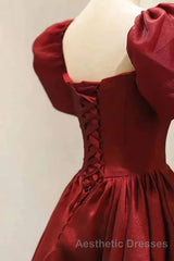 Burgundy A Line Long Evening Prom Dresses with Short Sleeves, New Party Gown
