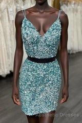 Two Piece Blue Sequins Tight Homecoming Dresses,Sparkly Cocktail Party Dresses