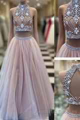 Two Pieces High-Neck Beaded Tulle Long  Champagne Evening Prom Dresses, Evening Dresses