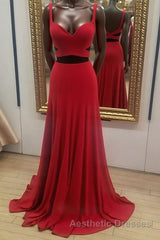 Two Pieces Red Long Evening Prom Dresses, 2 Pieces Red Long Formal Evening Dresses
