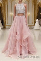 Two Pieces Round Neck Sequins Long Pink Evening Prom Dresses, Pink Evening Dresses