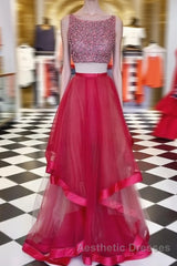 Two Pieces Sequin Round Neck Tulle Long Red Evening Prom Dresses, Red Evening Dresses