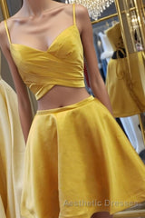 Two Pieces Short Yellow Evening Prom Dresses, Short Yellow 2 Pieces Formal Homecoming Dresses