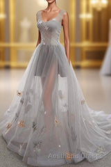 Gray Long Evening Prom Dresses with Butterfly, New Arrival Unique Evening Prom Dresses
