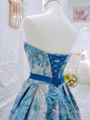 Unique A-Line Flower Satin Blue Long Evening Prom Dresses, Blue Long Formal Dresses