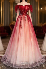 Unique And Beautiful Gradient Red Off Shoulder Short Sleeved Beaded Evening Dresses Gradient Red A-Line Princess Strapless Backless Strap And Ground Length Evening Dresses