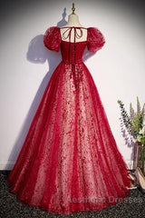 Unique And Beautiful Wine Red Sequin Square Neckline Short Sleeved Ball Dresses Wine Red A-Shaped/Princess Fluffy Backless Tie Bow And Floor Length Evening Dresses