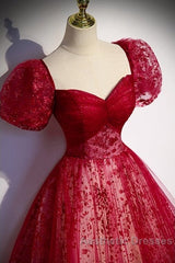Unique And Beautiful Wine Red Sequin Square Neckline Short Sleeved Ball Dresses Wine Red A-Shaped/Princess Fluffy Backless Tie Bow And Floor Length Evening Dresses