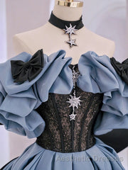 Unique Blue Evening Prom Dresses Off Shoulder Satin Lace Long Evening Dresses