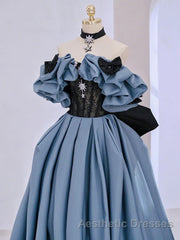 Unique Blue Evening Prom Dresses Off Shoulder Satin Lace Long Evening Dresses