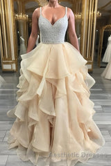 Unique champagne tulle sequin long Evening Prom Dresses, champagne evening Dresses