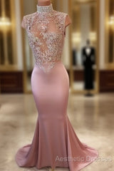 Unique Hight Neck Sequin Long Evening Prom Dresses, Mermaid Evening Dresses