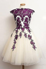 Unique Lace Tulle Short Evening Prom Dresses, Lace Bridesmaid Dresses