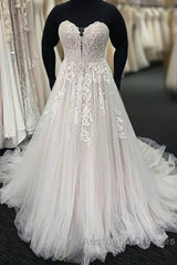 Unique Long A-line Lace Sweetheart Tulle Wedding Dresses