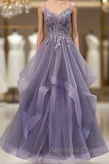 Unique Long Tulle Spaghetti Straps Evening Prom Dresses Evening Dresses With Lace Applique,