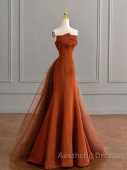 Unique Mermaid Satin Brown Long Evening Prom Dresses, Brown Long Evening Dresses