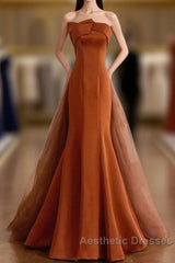 Unique Mermaid Satin Brown Long Evening Prom Dresses, Brown Long Evening Dresses