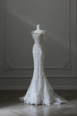 Unique Mermaid Square Neckline Short Sleeves Wedding Dresses White Brides Dresses