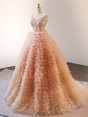 Unique Orange V Neck Tulle Sequin Orange Pink Long Quinceanera Dress
