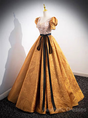 Unique V-Neck Beaded Floor Length Evening Prom Dresses, Beautiful A-Line Short Sleeve Party Dresses