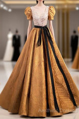 Unique V-Neck Beaded Floor Length Evening Prom Dresses, Beautiful A-Line Short Sleeve Party Dresses