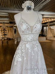 Unique v neck tulle lace long Evening Prom Dresses, lace wedding Dresses