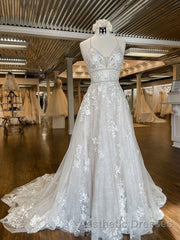 Unique v neck tulle lace long Evening Prom Dresses, lace wedding Dresses