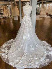 Unique v neck tulle lace long Evening Prom Dresses, lace wedding Dresses