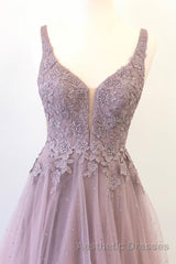 Unique v neck tulle lace long Evening Prom Dresses, tulle evening Dresses