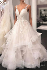 Unique v neck tulle lace long Evening Prom Dresses, tulle lace wedding Dresses